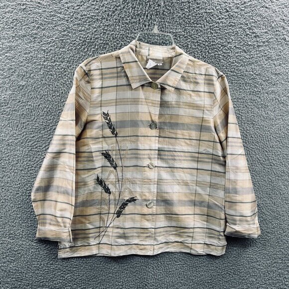 Coldwater Creek Womens Top Medium Tan 100%‎ Silk Embellished Button Front Shirt - Picture 1 of 10